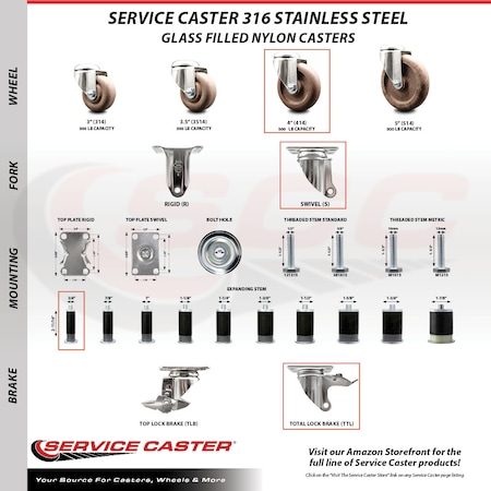 Service Caster 4 Inch 316SS High Temp Glass Filled Nylon 3/4 Inch Stem Caster Lck Brake, 2PK SCC-SS316TTLEX20S414-GFNSHT-2-S-2-34